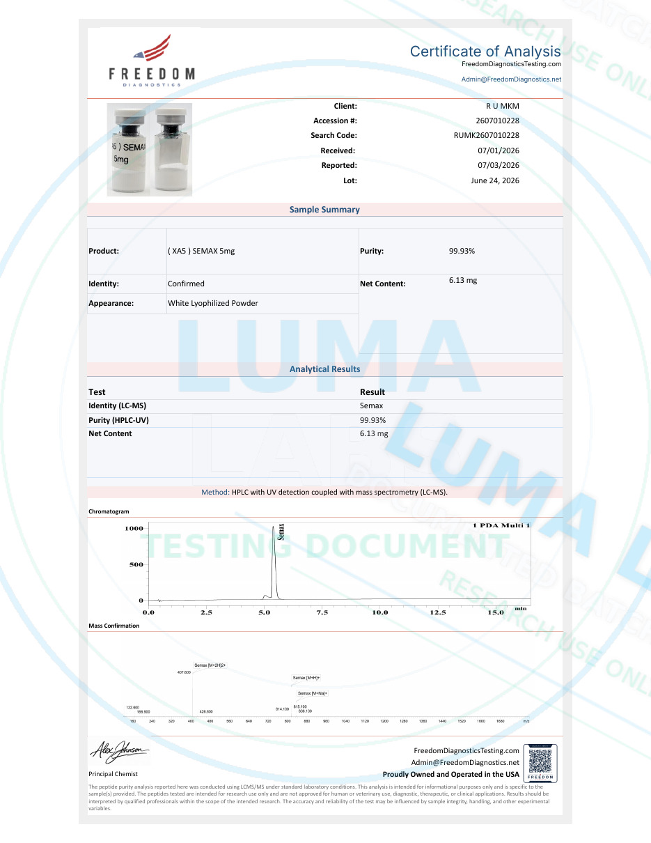 Freedom Diagnostics COA for Semax · 5mg