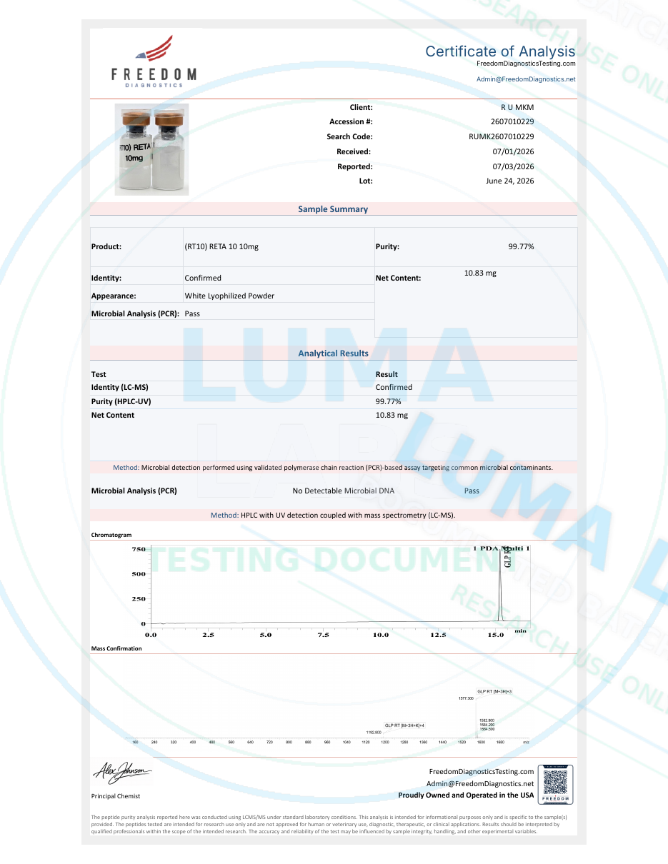Freedom Diagnostics COA for Retatrutide · 10mg + PCR