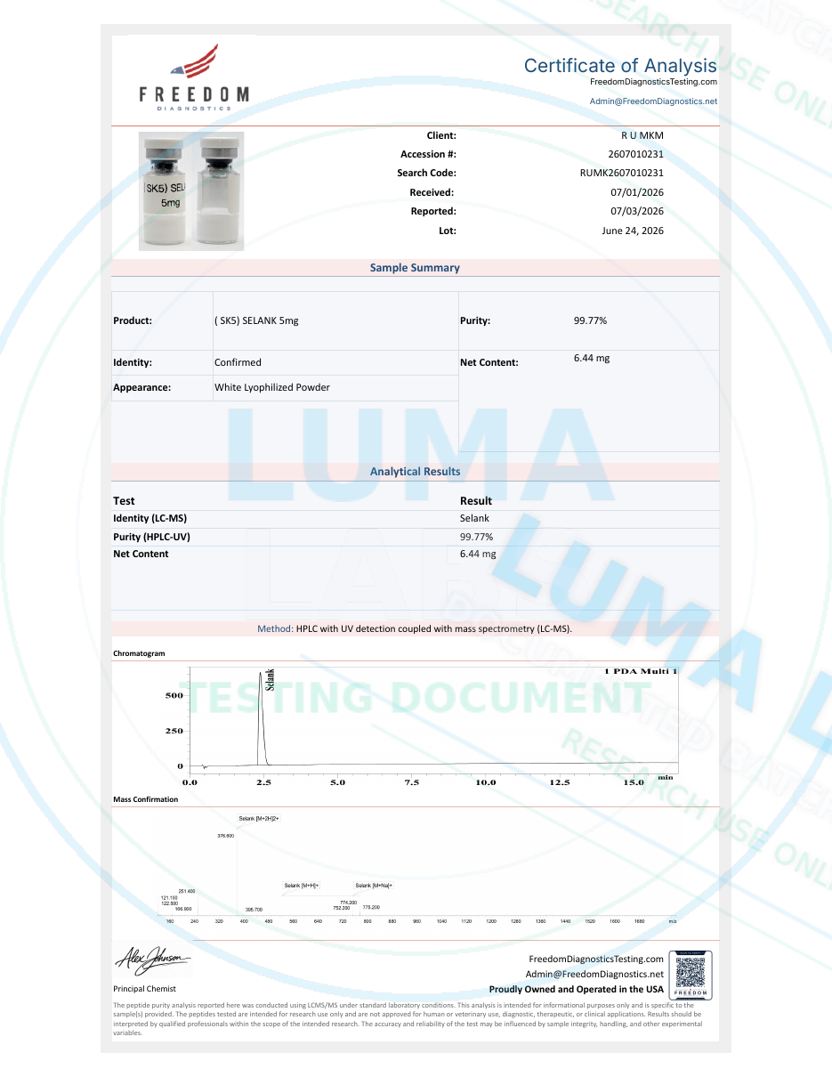 Freedom Diagnostics COA for Selank · 5mg