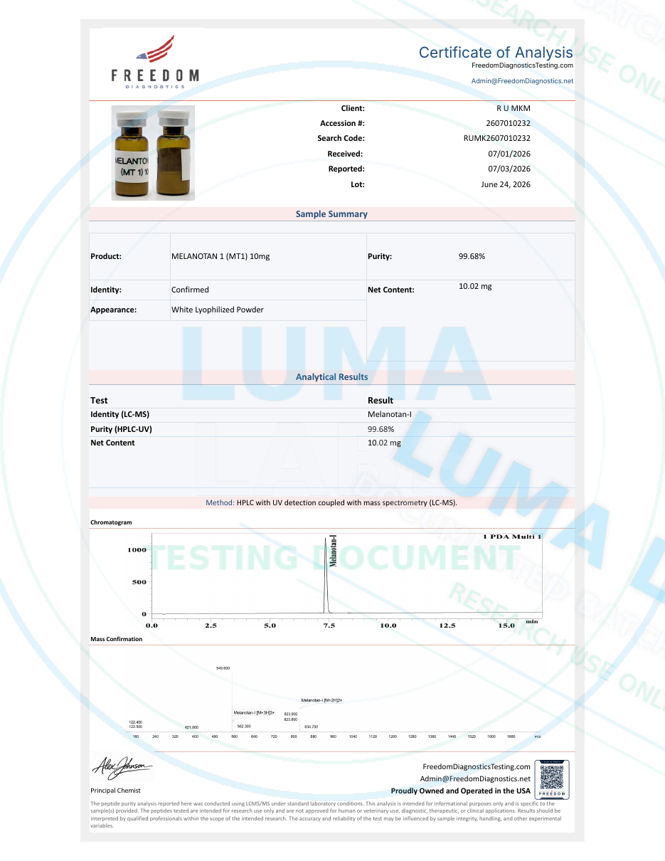 Freedom Diagnostics COA for Melanotan 1 / MT1 · 10mg