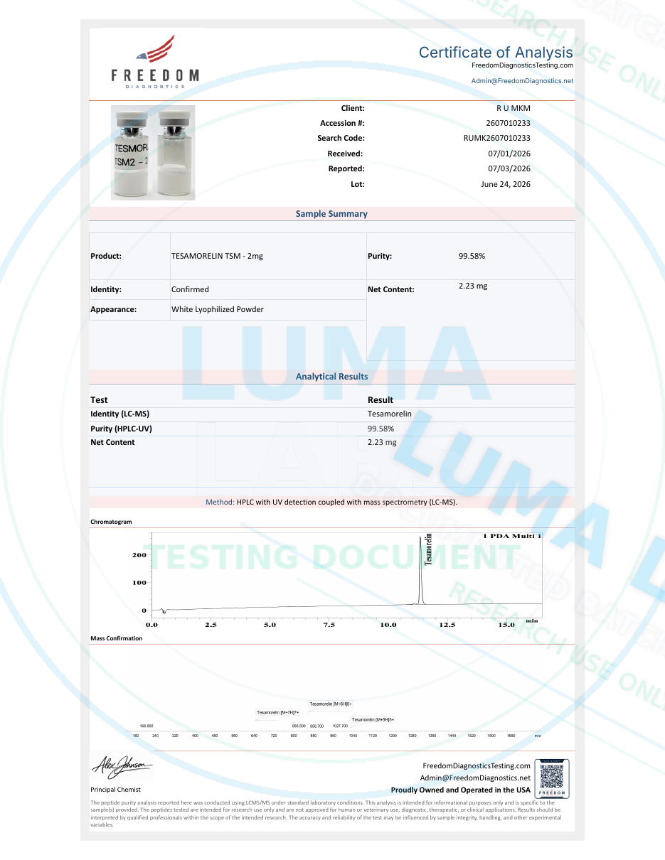 Freedom Diagnostics COA for Tesamorelin · 2mg