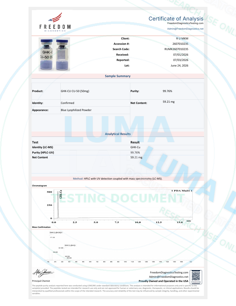 Freedom Diagnostics COA for GHK-Cu · 50mg